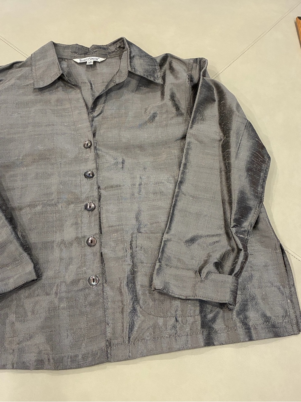 💯 Silk Large Evening Formal top Silver Metallic Gray Button-down Blouse w/collar - Picture 7 of 16